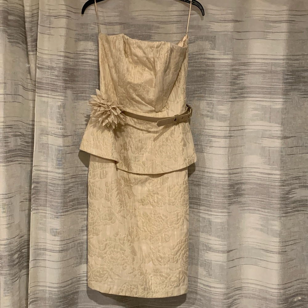 NWOT Vintage Eva Franco Gold Shimmer Peplum Dress with Belt, Sz. 4